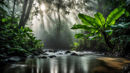 Large green leaves in spring tropical rainforest with river, plant growth and environmental protection concept, wet jungle, springtime, AI Generated illustrationの素材