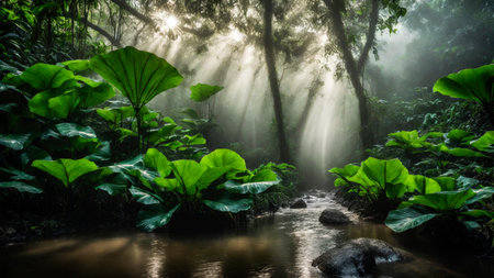 Large green leaves in spring tropical rainforest with river, plant growth and environmental protection concept, wet jungle, springtime, AI Generated illustrationの素材