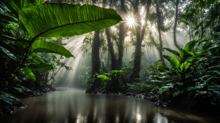 Large green leaves in spring tropical rainforest with river, plant growth and environmental protection concept, wet jungle, springtime, AI Generated illustrationの素材