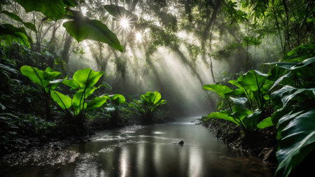 Large green leaves in spring tropical rainforest with river, plant growth and environmental protection concept, wet jungle, springtime, AI Generated illustrationの素材