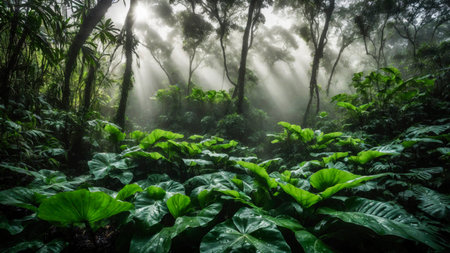 Large green leaves in spring tropical rainforest, plant growth and environmental protection concept, wet jungle, springtime, AI Generated illustrationの素材