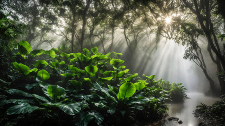 Large green leaves in spring tropical rainforest with river, plant growth and environmental protection concept, wet jungle, springtime, AI Generated illustrationの素材