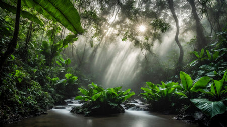 Large green leaves in spring tropical rainforest with river, plant growth and environmental protection concept, wet jungle, springtime, AI Generated illustrationの素材