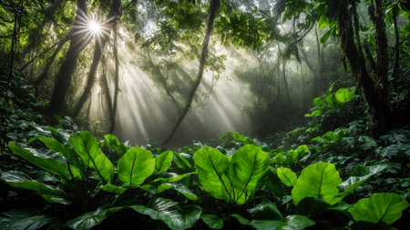 Large green leaves in spring tropical rainforest, plant growth and environmental protection concept, wet jungle, springtime, AI Generated illustrationの素材