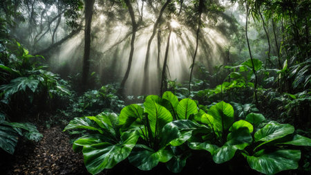 Large green leaves in spring tropical rainforest, plant growth and environmental protection concept, wet jungle, springtime, AI Generated illustrationの素材