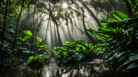 Large green leaves in spring tropical rainforest with river, plant growth and environmental protection concept, wet jungle, springtime, AI Generated illustrationの素材