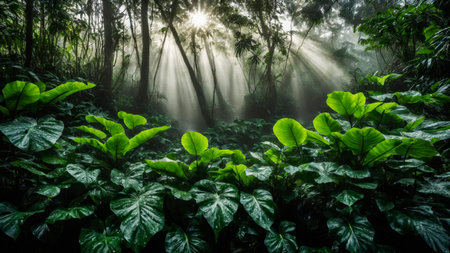 Large green leaves in spring tropical rainforest, plant growth and environmental protection concept, wet jungle, springtime, AI Generated illustrationの素材