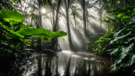 Large green leaves in spring tropical rainforest with river, plant growth and environmental protection concept, wet jungle, springtime, AI Generated illustrationの素材