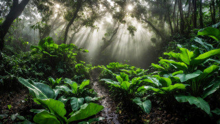 Large green leaves in spring tropical rainforest, plant growth and environmental protection concept, wet jungle, springtime, AI Generated illustrationの素材