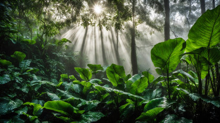 Large green leaves in spring tropical rainforest, plant growth and environmental protection concept, wet jungle, springtime, AI Generated illustrationの素材