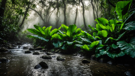 Large green leaves in spring tropical rainforest with river, plant growth and environmental protection concept, wet jungle, springtime, AI Generated illustrationの素材