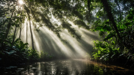 Large green leaves in spring tropical rainforest with river, plant growth and environmental protection concept, wet jungle, springtime, AI Generated illustrationの素材