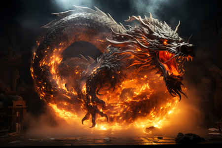 Ferocious fire-breathing dragon, a scary mystical creature, AI Generated illustrationの素材