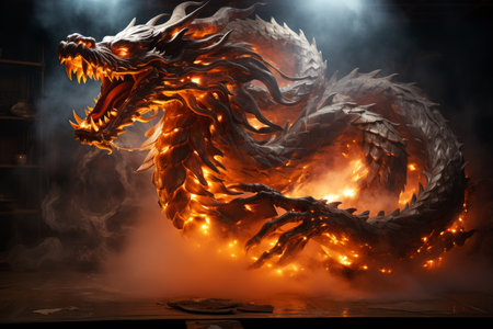 Ferocious fire-breathing dragon, a scary mystical creature, AI Generated illustrationの素材
