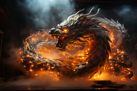 Ferocious fire-breathing dragon, a scary mystical creature, AI Generated illustrationの素材