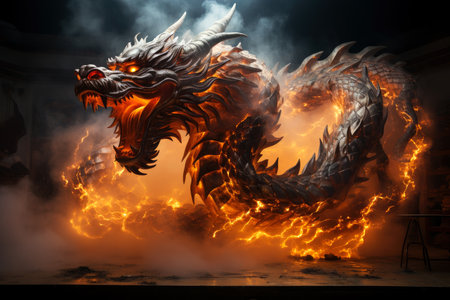 Ferocious fire-breathing dragon, a scary mystical creature, AI Generated illustrationの素材