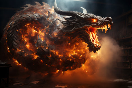 Ferocious fire-breathing dragon, a scary mystical creature, AI Generated illustrationの素材