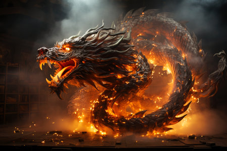 Ferocious fire-breathing dragon, a scary mystical creature, AI Generated illustrationの素材