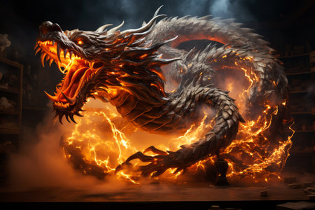 Ferocious fire-breathing dragon, a scary mystical creature, AI Generated illustrationの素材
