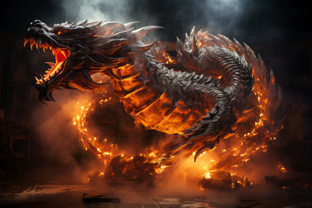 Ferocious fire-breathing dragon, a scary mystical creature, AI Generated illustrationの素材