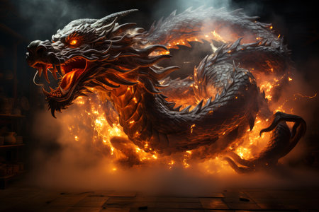 Ferocious fire-breathing dragon, a scary mystical creature, AI Generated illustrationの素材