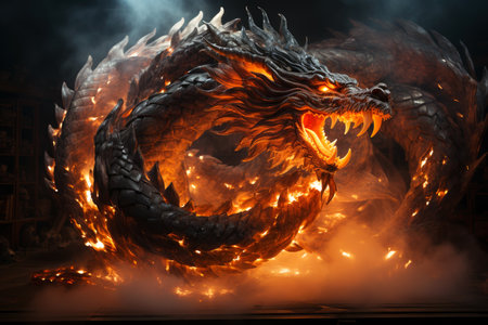 Ferocious fire-breathing dragon, a scary mystical creature, AI Generated illustrationの素材