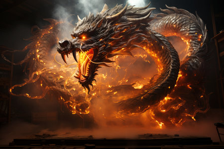 Ferocious fire-breathing dragon, a scary mystical creature, AI Generated illustrationの素材