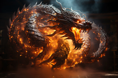 Ferocious fire-breathing dragon, a scary mystical creature, AI Generated illustrationの素材