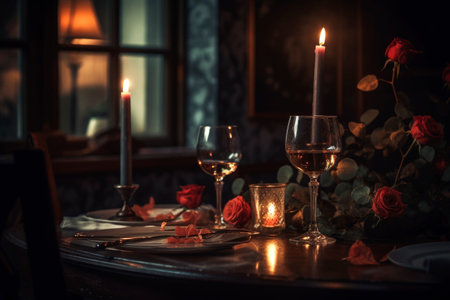 Romantic festive dinner in a restaurant, a celebration of Valentine's day, birthday, Christmas, anniversary or wedding, a festive feast, AI Generated illustrationの素材