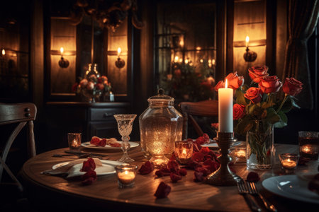 Romantic festive dinner in a restaurant, a celebration of Valentine's day, birthday, Christmas, anniversary or wedding, a festive feast, AI Generated illustrationの素材