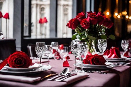 Romantic festive dinner in a restaurant, a celebration of Valentine's day, birthday, Christmas, anniversary or wedding, a festive feast, bouquet of red roses on the table, AI Generated illustrationの素材