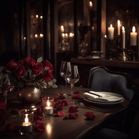 Romantic festive dinner in a restaurant, a celebration of Valentine's day, birthday, Christmas, anniversary or wedding, a festive feast, AI Generated illustrationの素材