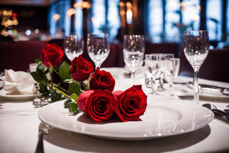 Romantic festive dinner in a restaurant, a celebration of Valentine's day, birthday, Christmas, anniversary or wedding, a festive feast, bouquet of red roses on the table, AI Generated illustrationの素材