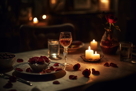 Romantic festive dinner in a restaurant, a celebration of Valentine's day, birthday, Christmas, anniversary or wedding, a festive feast, AI Generated illustrationの素材
