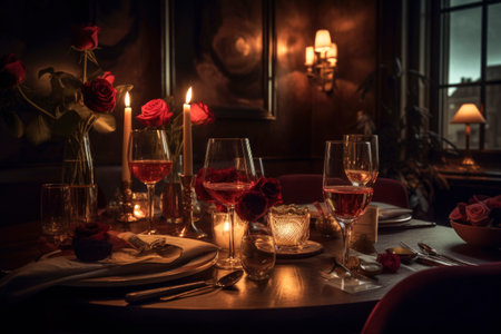 Romantic festive dinner in a restaurant, a celebration of Valentine's day, birthday, Christmas, anniversary or wedding, a festive feast, AI Generated illustrationの素材