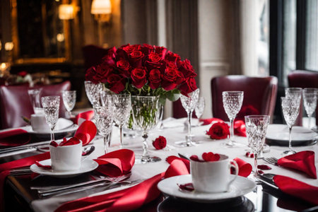 Romantic festive dinner in a restaurant, a celebration of Valentine's day, birthday, Christmas, anniversary or wedding, a festive feast, bouquet of red roses on the table, AI Generated illustrationの素材