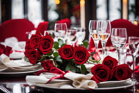Romantic festive dinner in a restaurant, a celebration of Valentine's day, birthday, Christmas, anniversary or wedding, a festive feast, bouquet of red roses on the table, AI Generated illustrationの素材