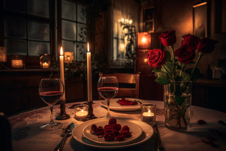 Romantic festive dinner in a restaurant, a celebration of Valentine's day, birthday, Christmas, anniversary or wedding, a festive feast, AI Generated illustrationの素材