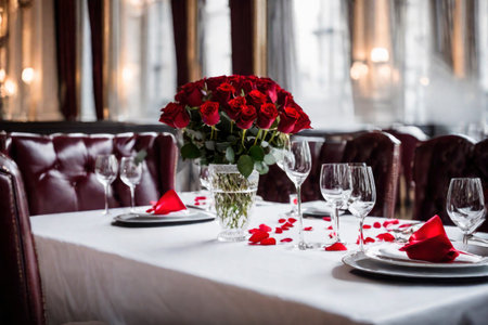 Romantic festive dinner in a restaurant, a celebration of Valentine's day, birthday, Christmas, anniversary or wedding, a festive feast, bouquet of red roses on the table, AI Generated illustrationの素材