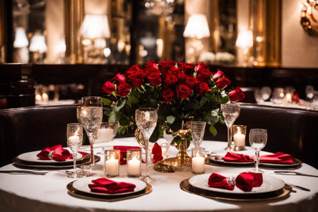 Romantic festive dinner in a restaurant, a celebration of Valentine's day, birthday, Christmas, anniversary or wedding, a festive feast, bouquet of red roses on the table, AI Generated illustrationの素材