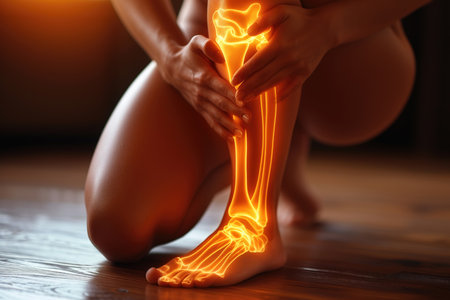Knee pain, joint inflammation, bone fracture, woman suffering from osteoarthritis, leg injury, AI Generated illustrationの素材