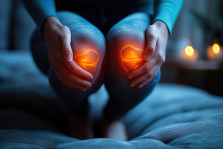 Knee pain, joint inflammation, bone fracture, woman suffering from osteoarthritis, leg injury, AI Generated illustrationの素材