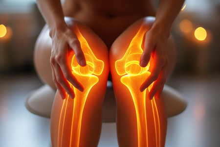 Knee pain, joint inflammation, bone fracture, woman suffering from osteoarthritis, leg injury, AI Generated illustrationの素材