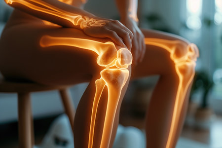 Knee pain, joint inflammation, bone fracture, woman suffering from osteoarthritis, leg injury, AI Generated illustrationの素材