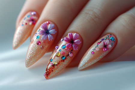 Nail design on shiny nail polish with flowers, fashionable multi colored art manicure, AI Generated illustrationの素材