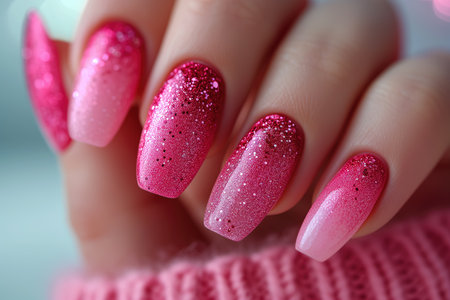Nail design on shiny nail polish, fashionable pink manicure, AI Generated illustrationの素材