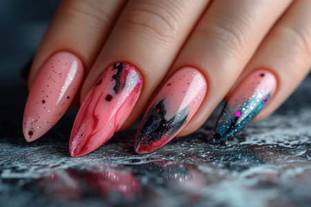 Nail design on shiny nail polish, fashionable pink manicure, AI Generated illustrationの素材