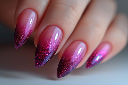Nail design on shiny nail polish, fashionable pink manicure, AI Generated illustrationの素材