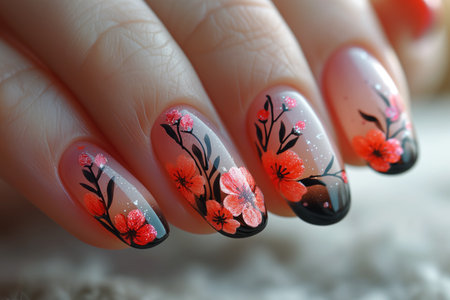 Nail design on shiny nail polish with flowers, fashionable multi colored art manicure, AI Generated illustrationの素材