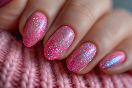 Nail design on shiny nail polish, fashionable pink manicure, AI Generated illustrationの素材